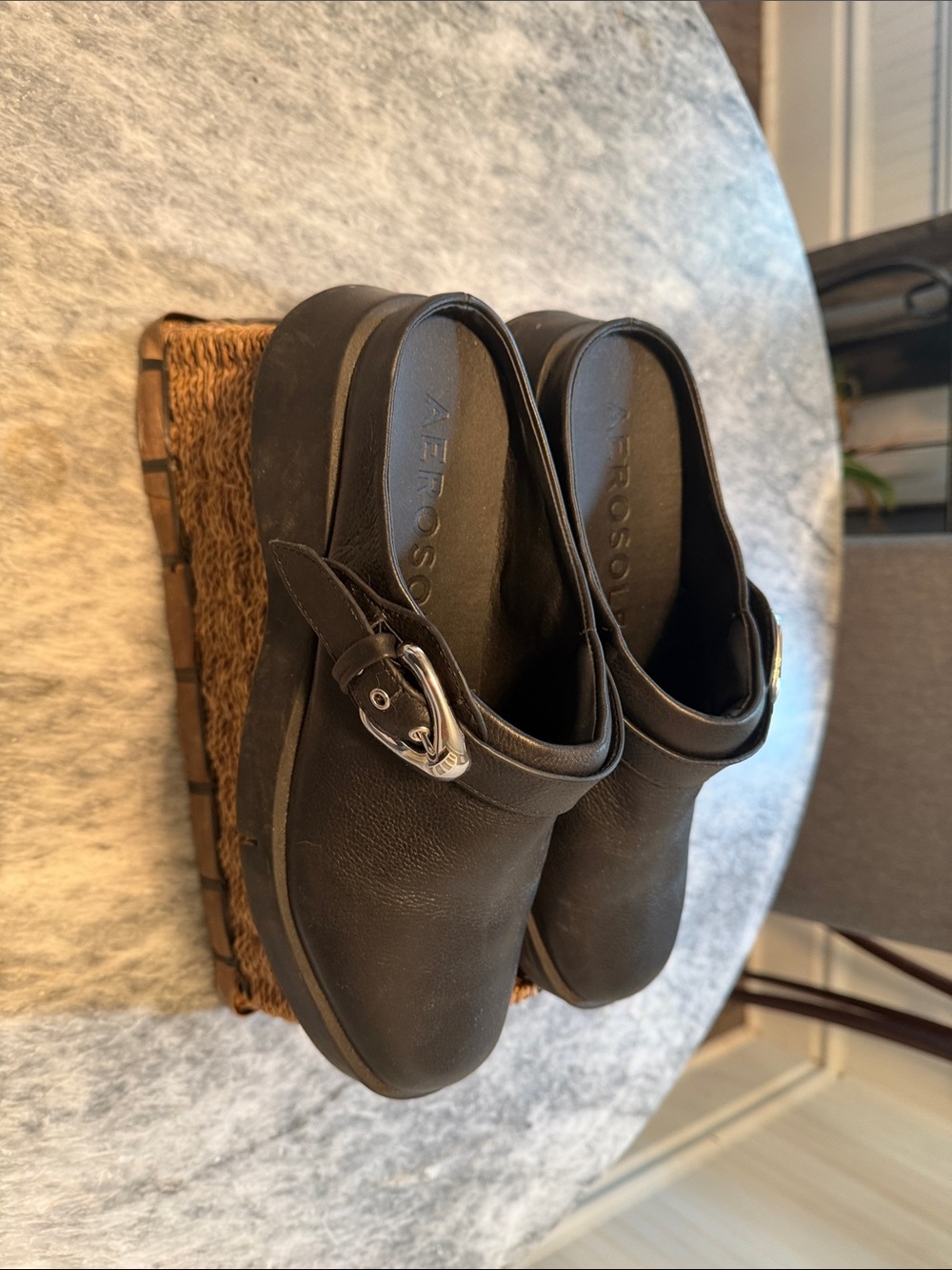AEROSOLES Black Leather Slip-On Clog with Buckle Accent